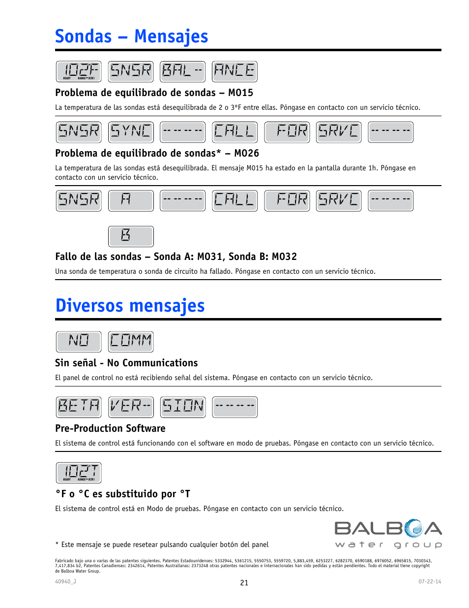 Sondas – mensajes diversos mensajes, Problema de equilibrado de sondas – m015, Problema de equilibrado de sondas* – m026 | Sin señal - no communications, Pre-production software, F o °c es substituido por °t | Balboa Water Group TP600 User Manual | Page 21 / 25