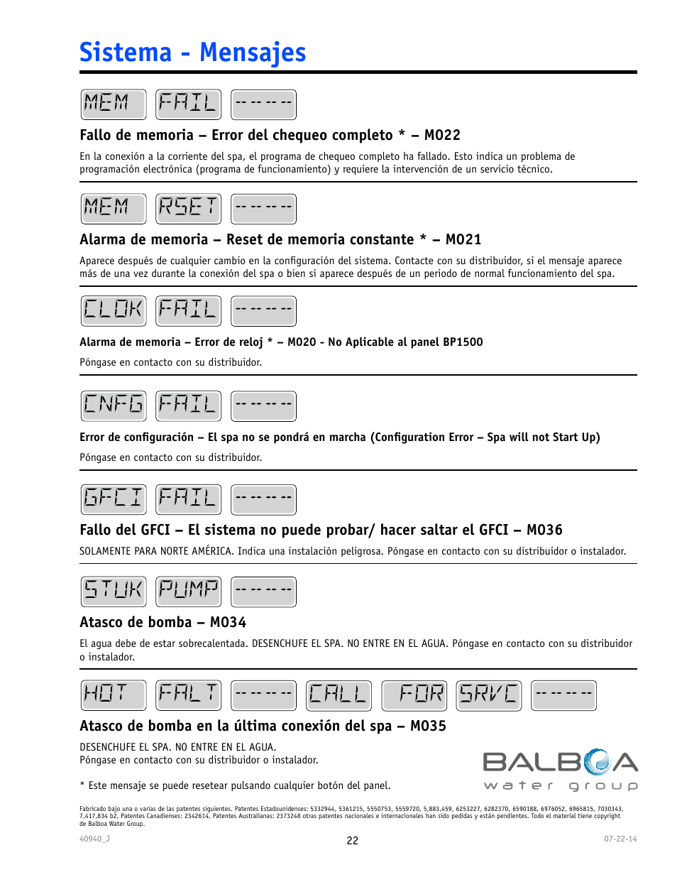 Sistema - mensajes, Atasco de bomba – m034 | Balboa Water Group TP600 User Manual | Page 22 / 25