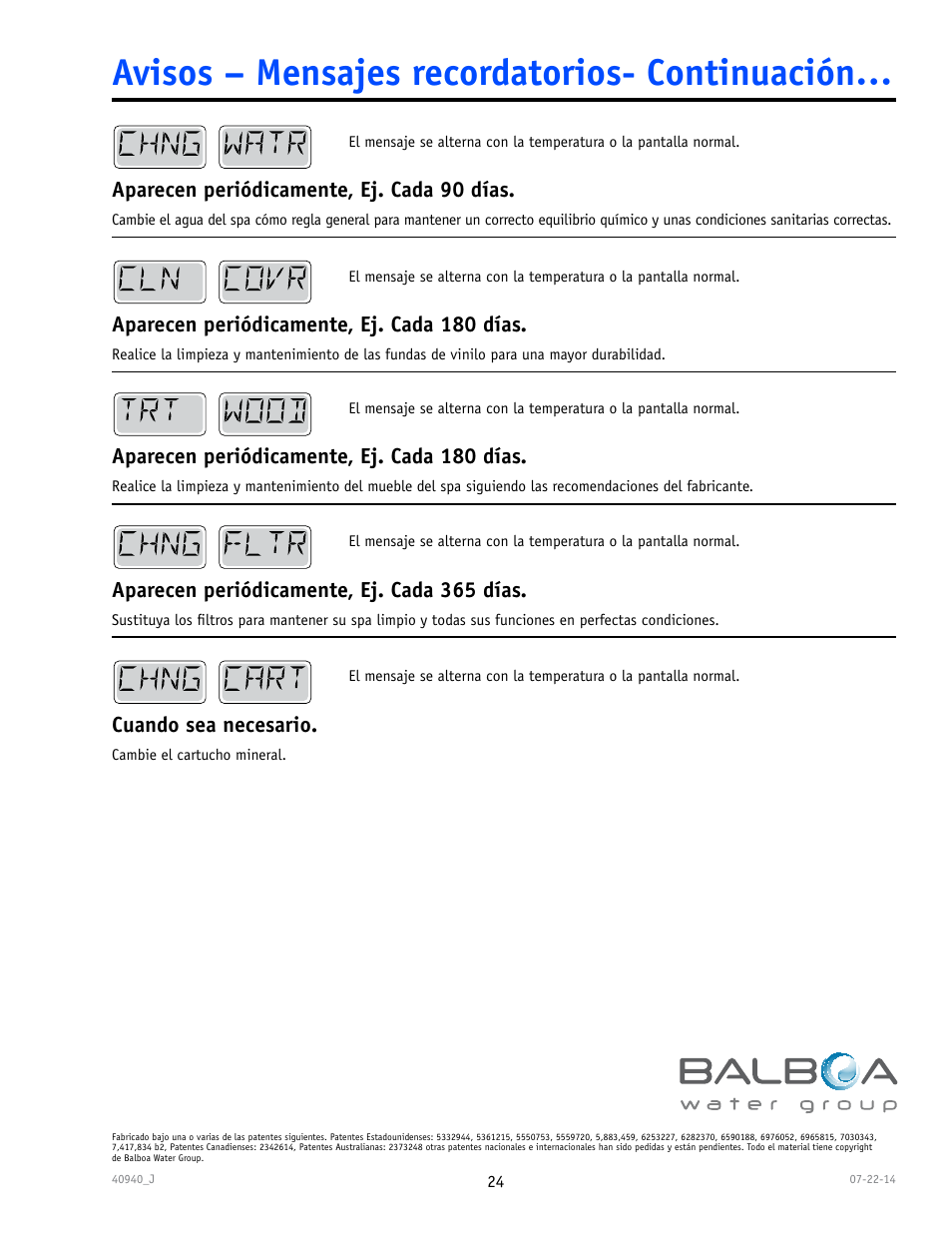 Avisos – mensajes recordatorios- continuación, Aparecen periódicamente, ej. cada 90 días, Aparecen periódicamente, ej. cada 180 días | Aparecen periódicamente, ej. cada 365 días, Cuando sea necesario | Balboa Water Group TP600 User Manual | Page 24 / 25