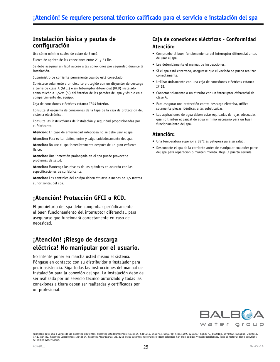 Instalación básica y pautas de conﬁguración, Atención! protección gfci o rcd, Caja de conexiones eléctricas - conformidad | Atención | Balboa Water Group TP600 User Manual | Page 25 / 25