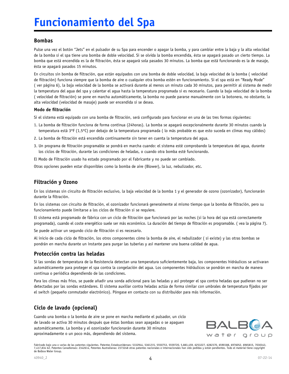 Funcionamiento del spa | Balboa Water Group TP600 User Manual | Page 4 / 25