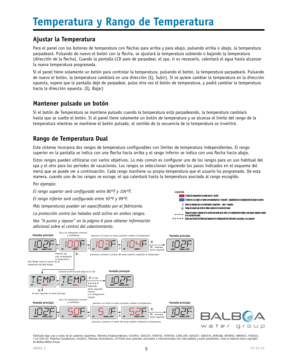 Temperatura y rango de temperatura, Ajustar la temperatura, Mantener pulsado un botón | Rango de temperatura dual | Balboa Water Group TP600 User Manual | Page 5 / 25