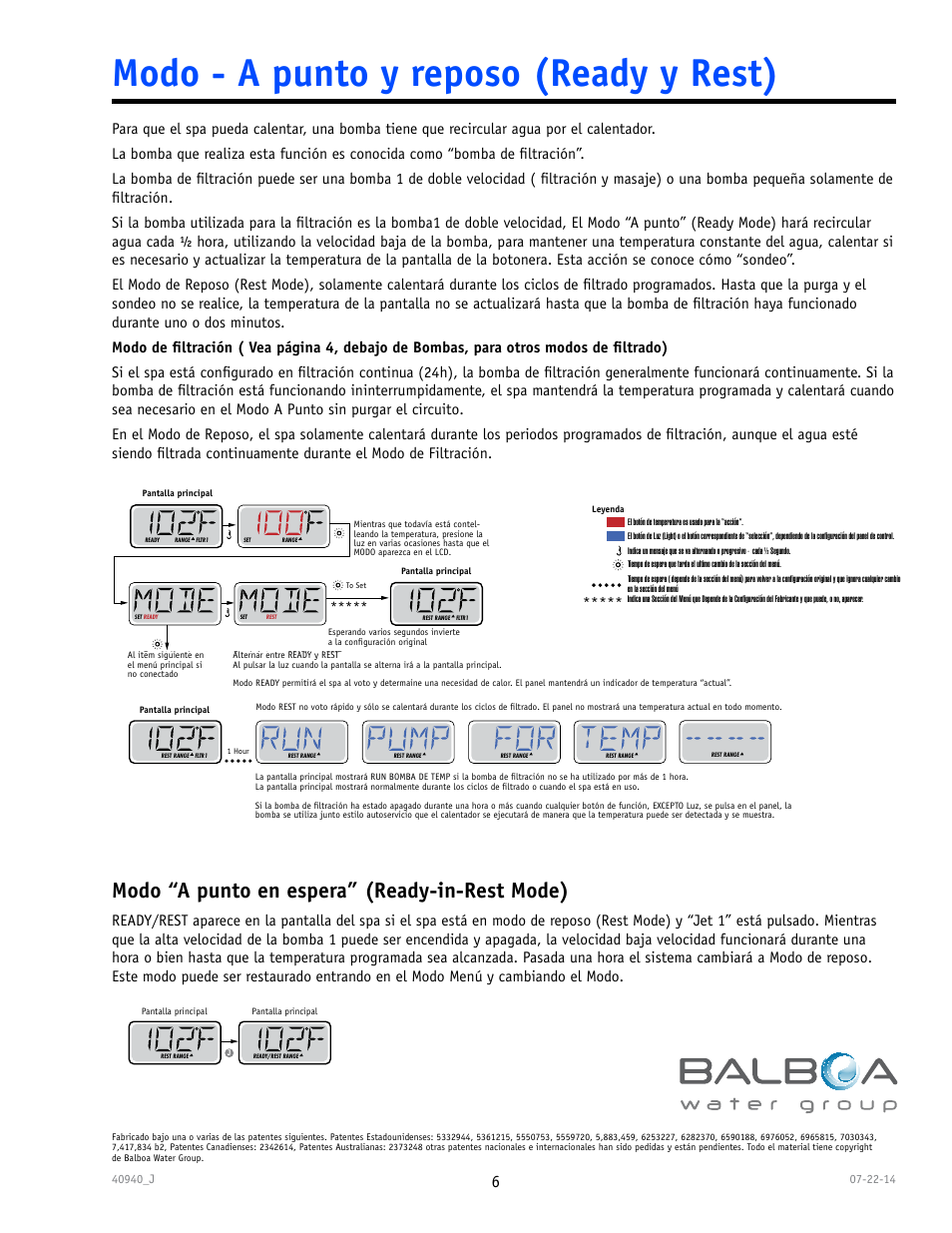 Modo - a punto y reposo (ready y rest), Modo “a punto en espera” (ready-in-rest mode) | Balboa Water Group TP600 User Manual | Page 6 / 25