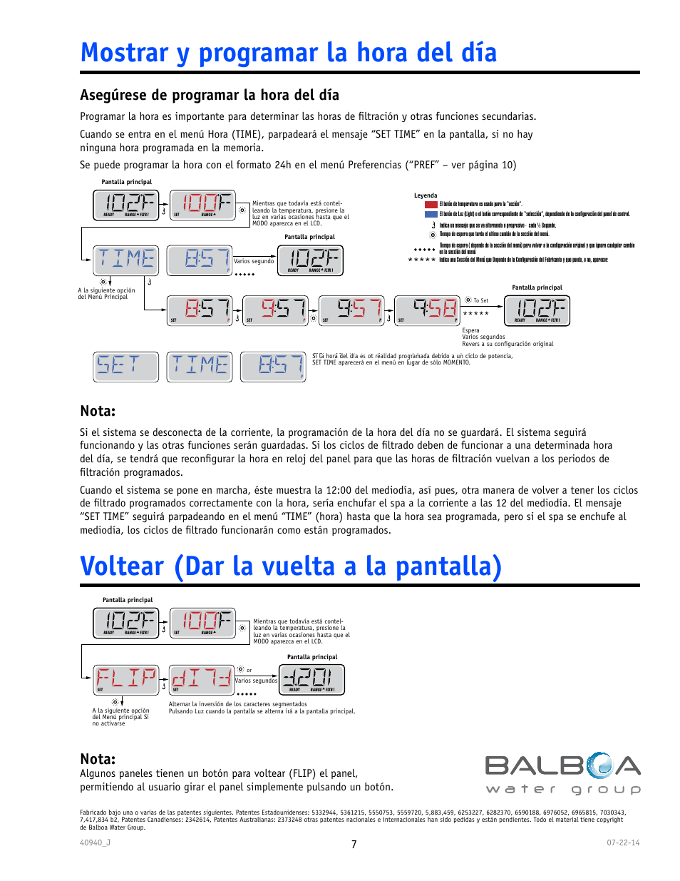 Mostrar y programar la hora del día, Voltear (dar la vuelta a la pantalla), Asegúrese de programar la hora del día | Nota | Balboa Water Group TP600 User Manual | Page 7 / 25