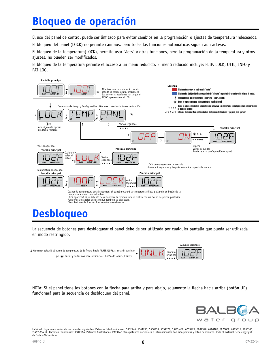Bloqueo de operación, Desbloqueo | Balboa Water Group TP600 User Manual | Page 8 / 25