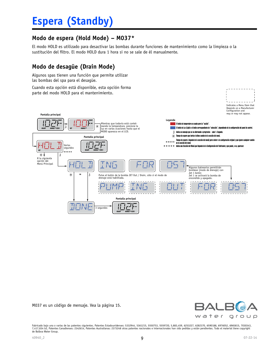 Espera (standby), Modo de espera (hold mode) – m037, Modo de desagüe (drain mode) | Balboa Water Group TP600 User Manual | Page 9 / 25