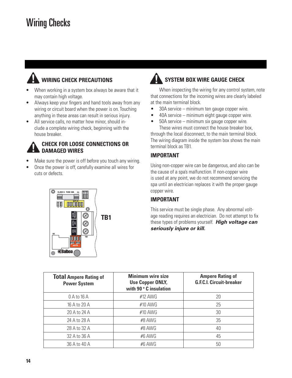 Wiring checks, Total, Wiring check precautions | Check for loose connections or damaged wires, System box wire gauge check, Important | Balboa Water Group EL/VS 120V-240V User Manual | Page 14 / 48