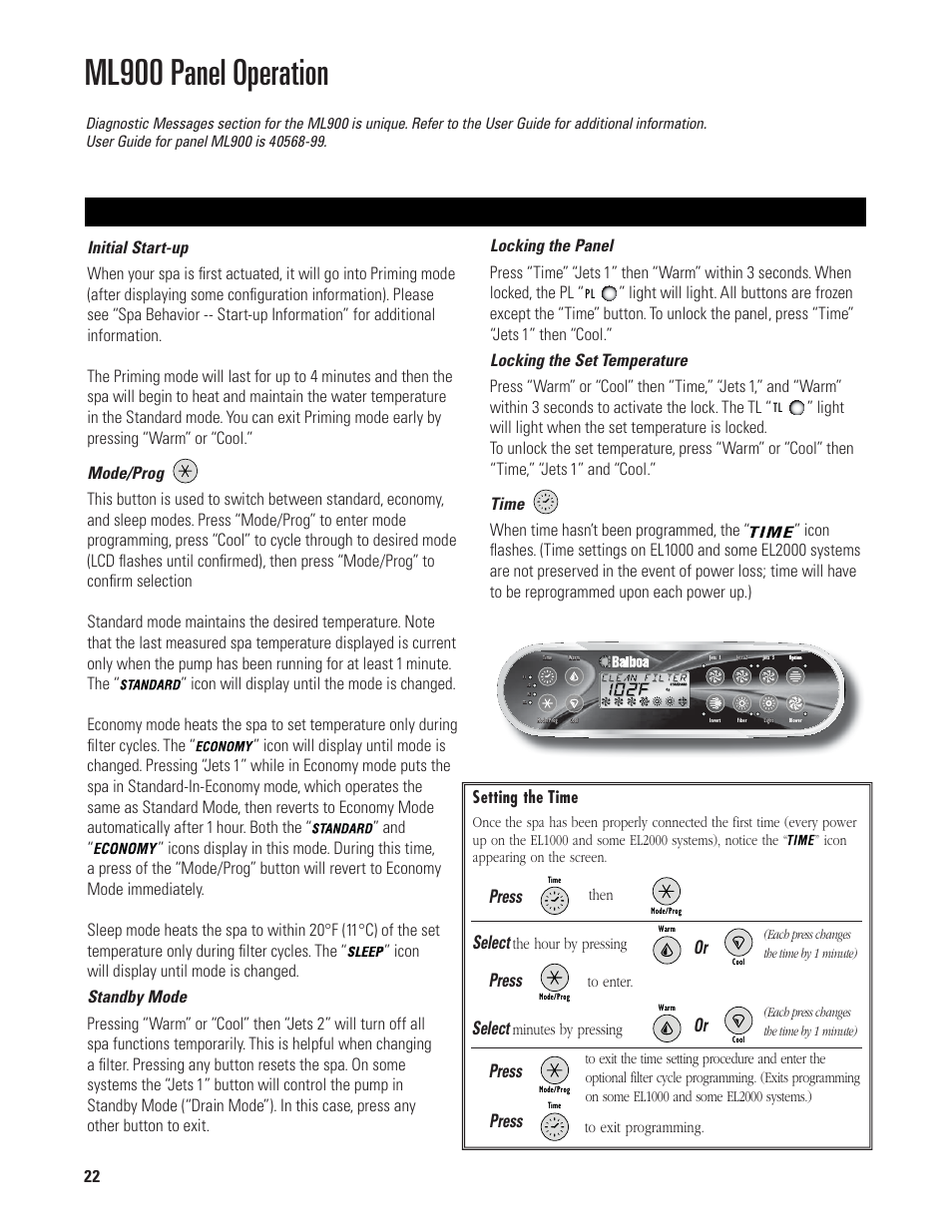 Ml900 panel operation, Press, Select | Setting the time | Balboa Water Group EL/VS 120V-240V User Manual | Page 22 / 48