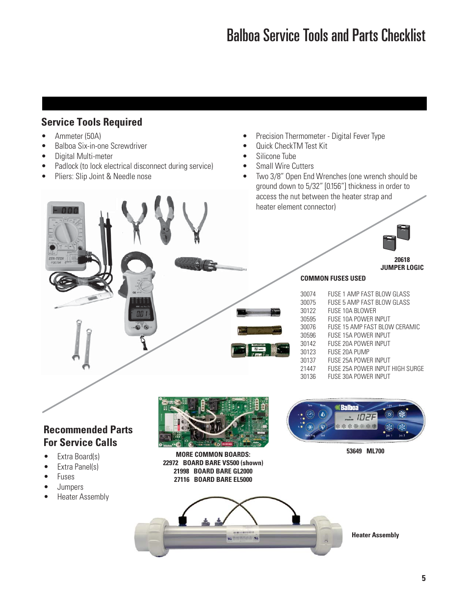 Balboa service tools and parts checklist, Service tools required, Recommended parts for service calls | Balboa Water Group EL/VS 120V-240V User Manual | Page 5 / 48