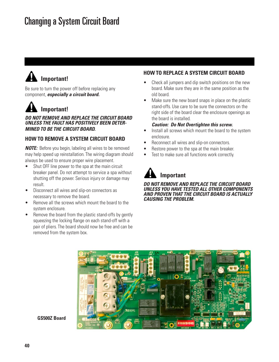 Changing a system circuit board | Balboa Water Group GL/GS 230V User Manual | Page 40 / 48