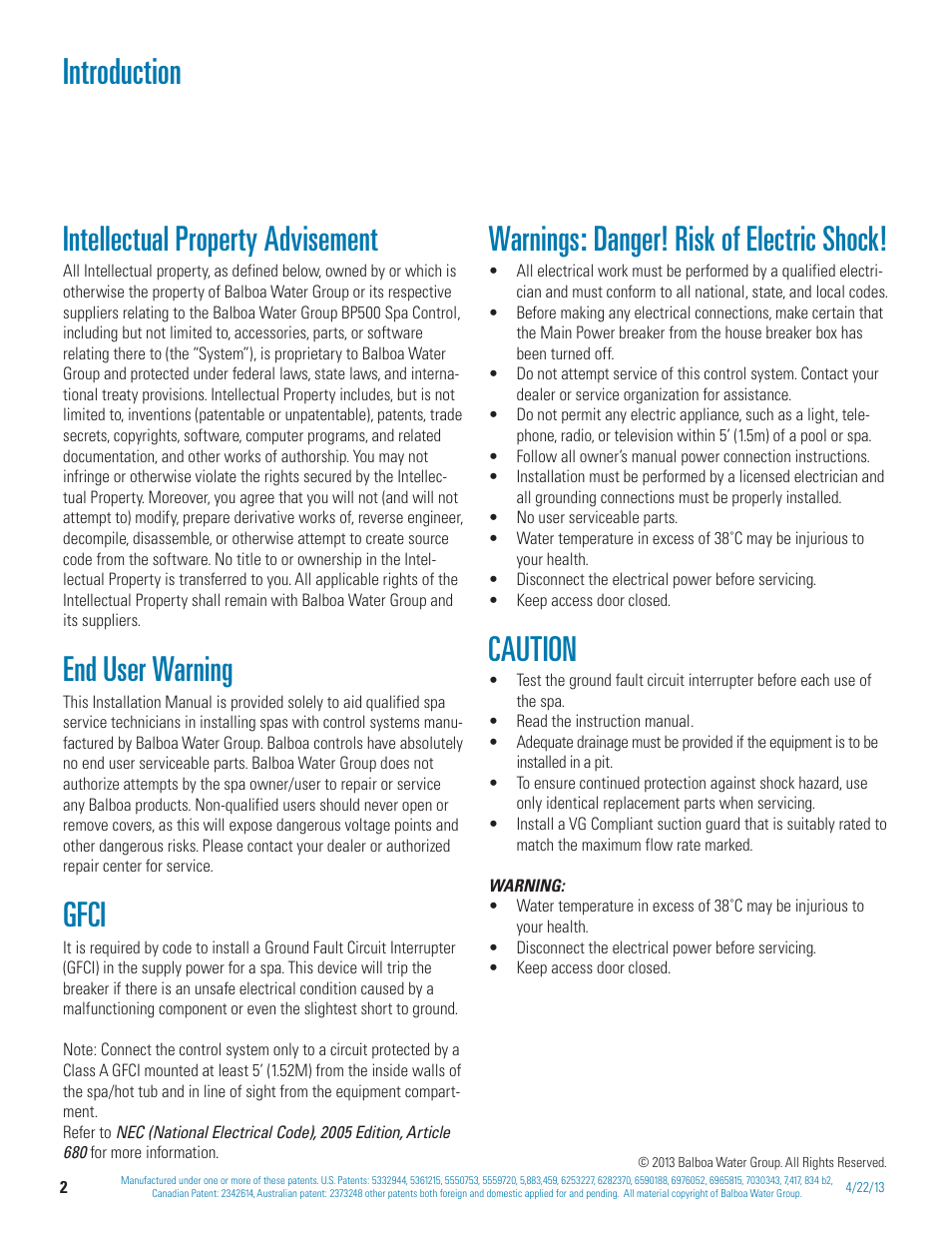 Introduction, Intellectual property advisement, End user warning | Gfci, Warnings: danger! risk of electric shock, Caution | Balboa Water Group BP 60Hz User Manual | Page 2 / 86