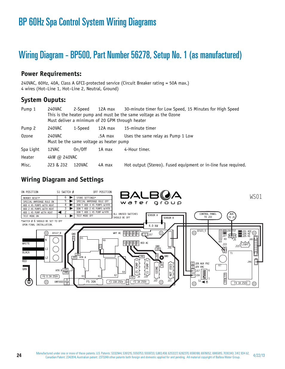 Bp 60hz spa control system wiring diagrams, Power requirements, System ouputs | Wiring diagram and settings, Ws01 | Balboa Water Group BP 60Hz User Manual | Page 24 / 86