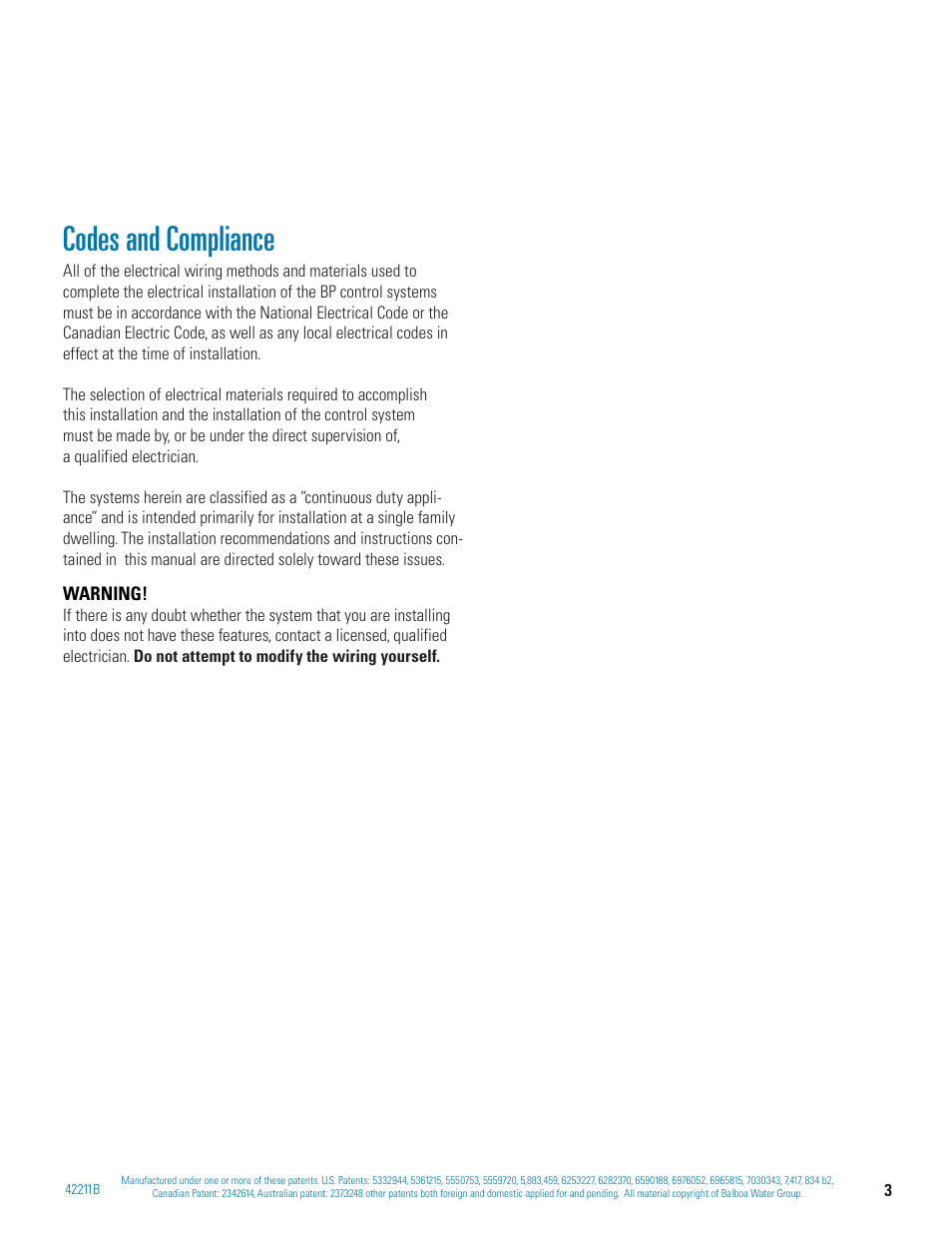 Codes and compliance | Balboa Water Group BP 60Hz User Manual | Page 3 / 86