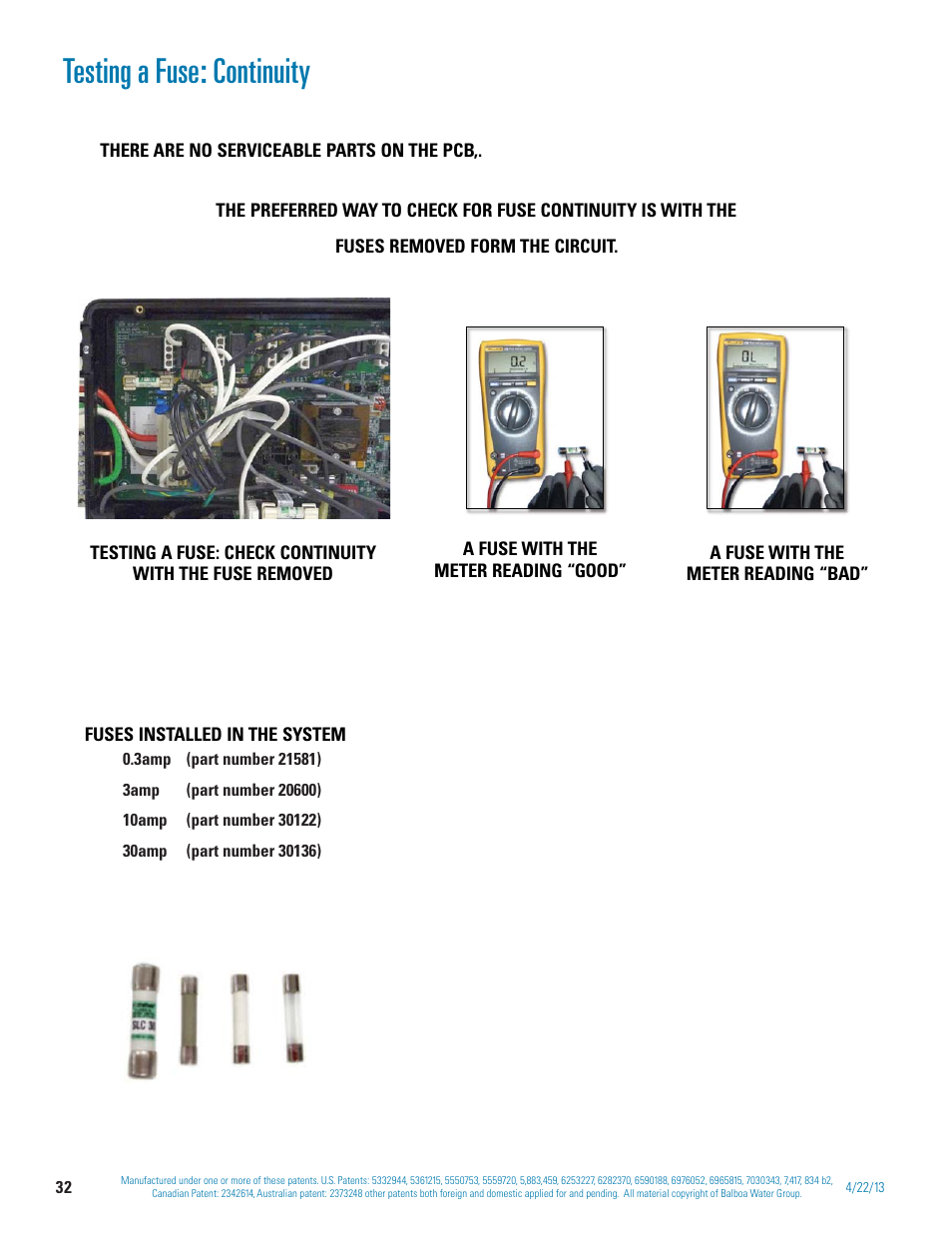 Testing a fuse: continuity | Balboa Water Group BP 60Hz User Manual | Page 32 / 86