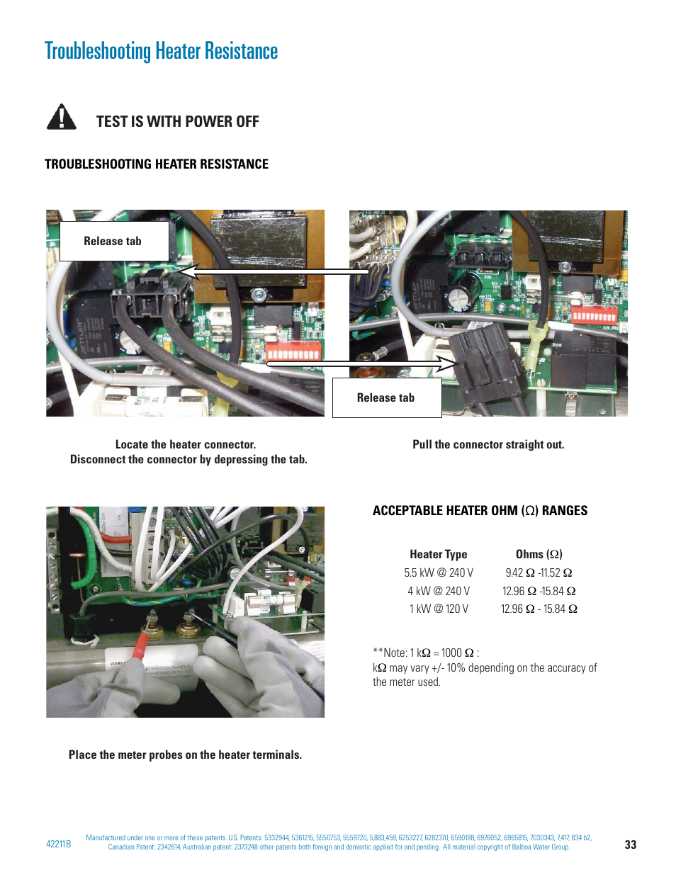 Troubleshooting heater resistance, Test is with power off | Balboa Water Group BP 60Hz User Manual | Page 33 / 86