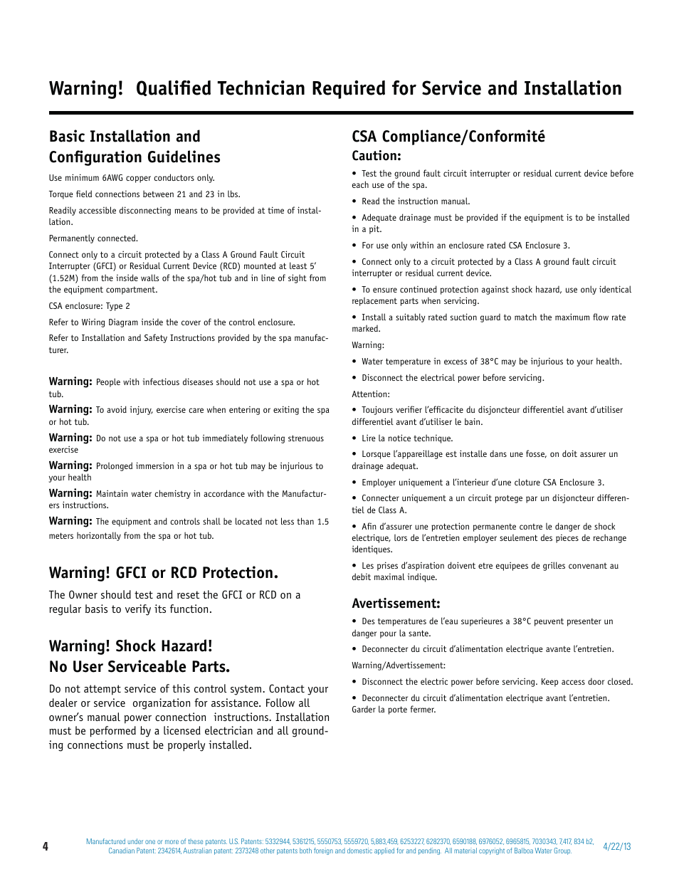 Basic installation and conﬁ guration guidelines, Warning! gfci or rcd protection, Csa compliance/conformité | Warning! shock hazard! no user serviceable parts, Caution, Avertissement | Balboa Water Group BP 60Hz User Manual | Page 4 / 86