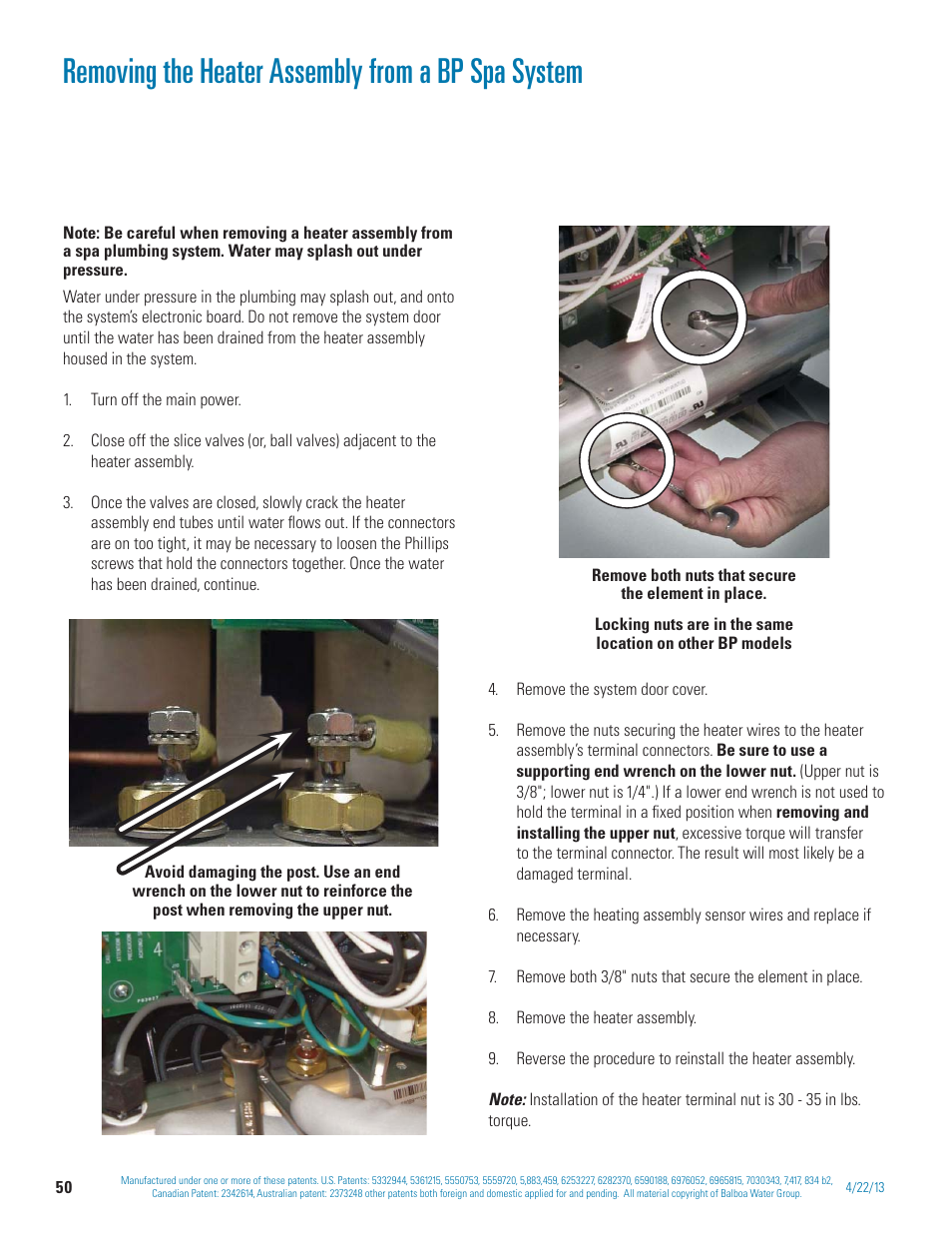 Removing the heater assembly from a bp spa system | Balboa Water Group BP 60Hz User Manual | Page 50 / 86