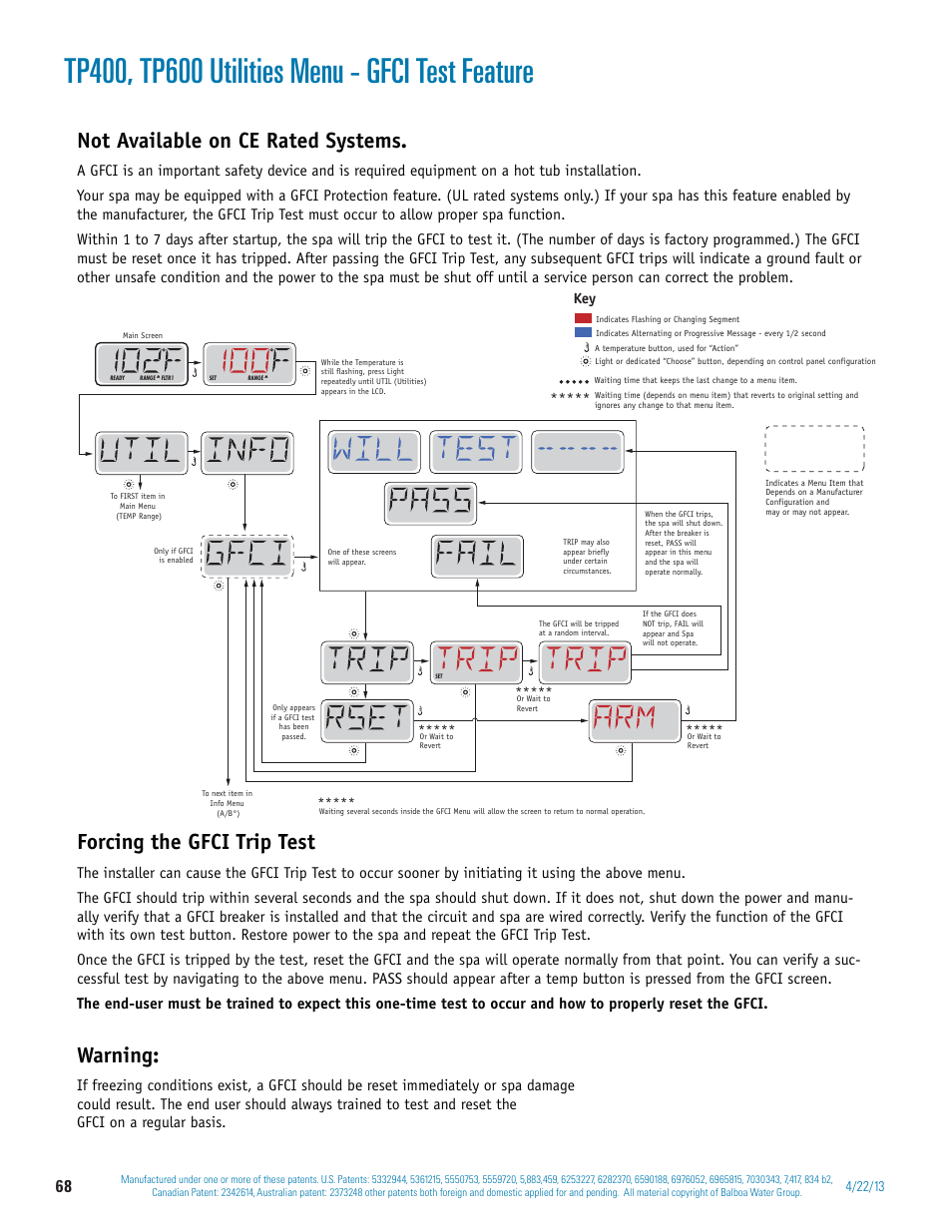 Not available on ce rated systems, Forcing the gfci trip test, Warning | Balboa Water Group BP 60Hz User Manual | Page 68 / 86