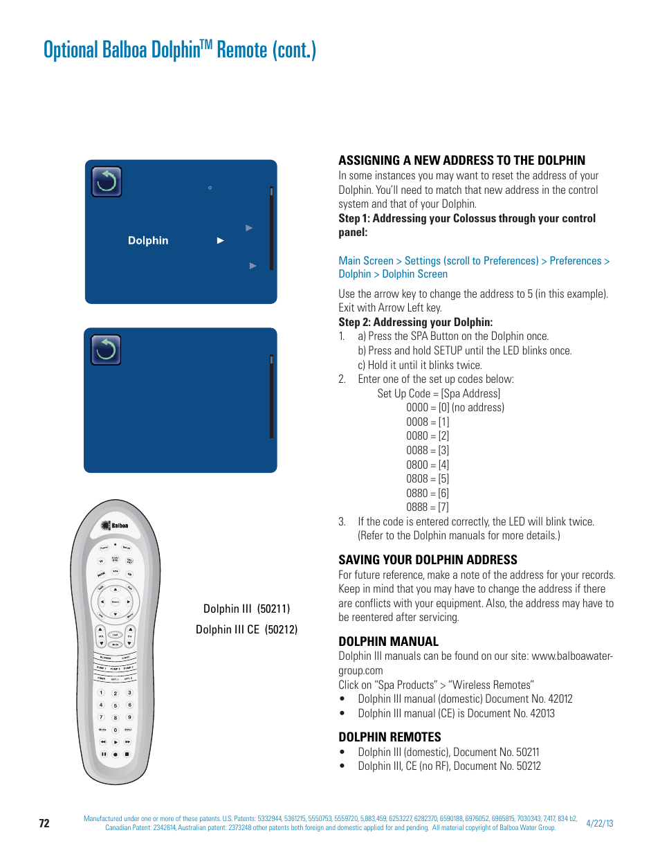 Optional balboa dolphin, Remote (cont.) | Balboa Water Group BP 60Hz User Manual | Page 72 / 86