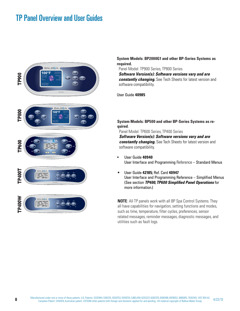 Tp panel overview and user guides, Reference, Standard menus | Balboa Water Group BP 60Hz User Manual | Page 8 / 86