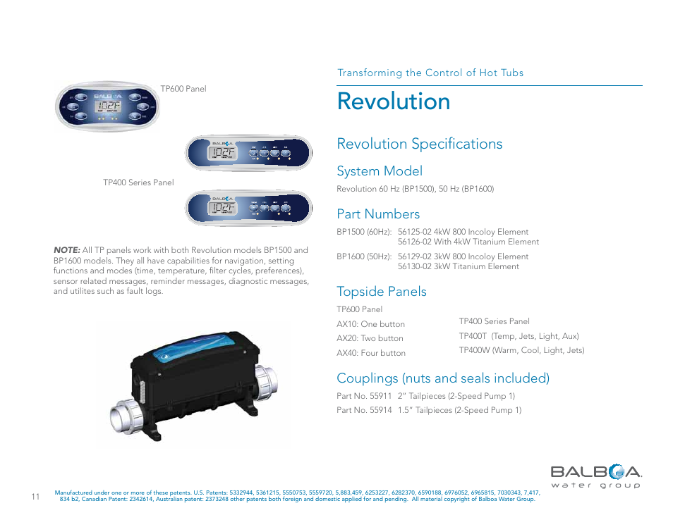 Revolution, Revolution speciﬁcations, System model | Part numbers, Topside panels, Couplings (nuts and seals included) | Balboa Water Group Revolution User Manual | Page 11 / 100