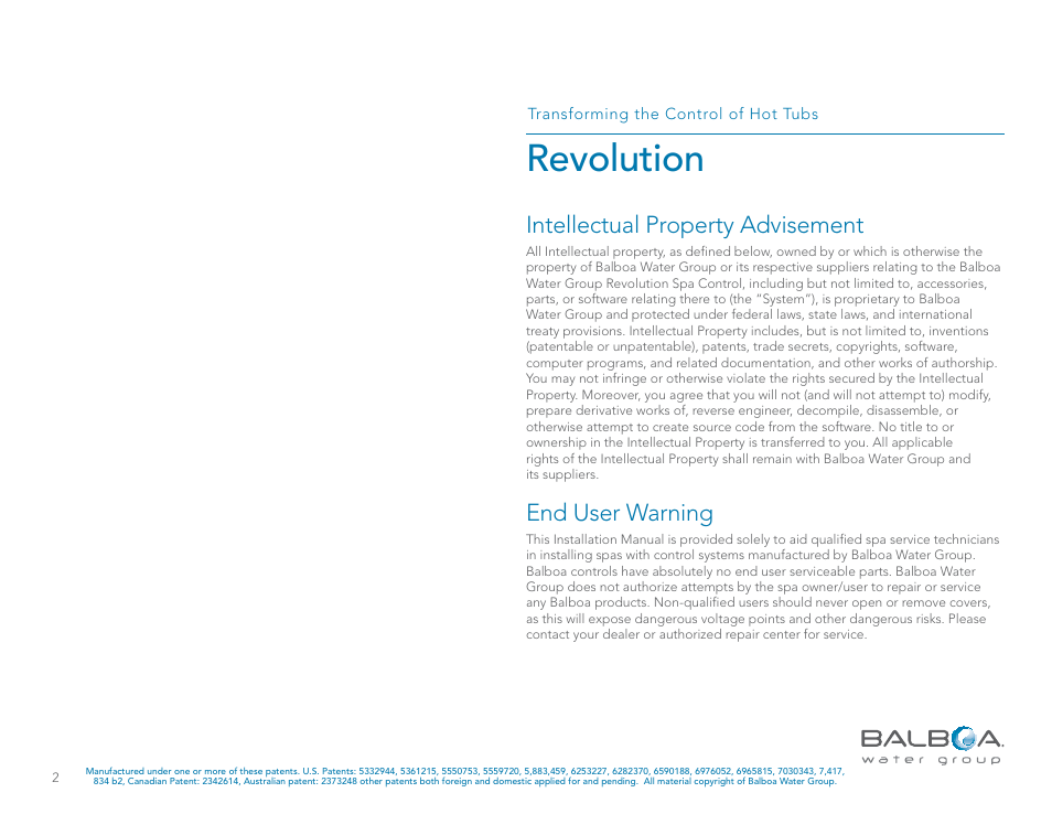 Revolution, Intellectual property advisement, End user warning | Balboa Water Group Revolution User Manual | Page 2 / 100