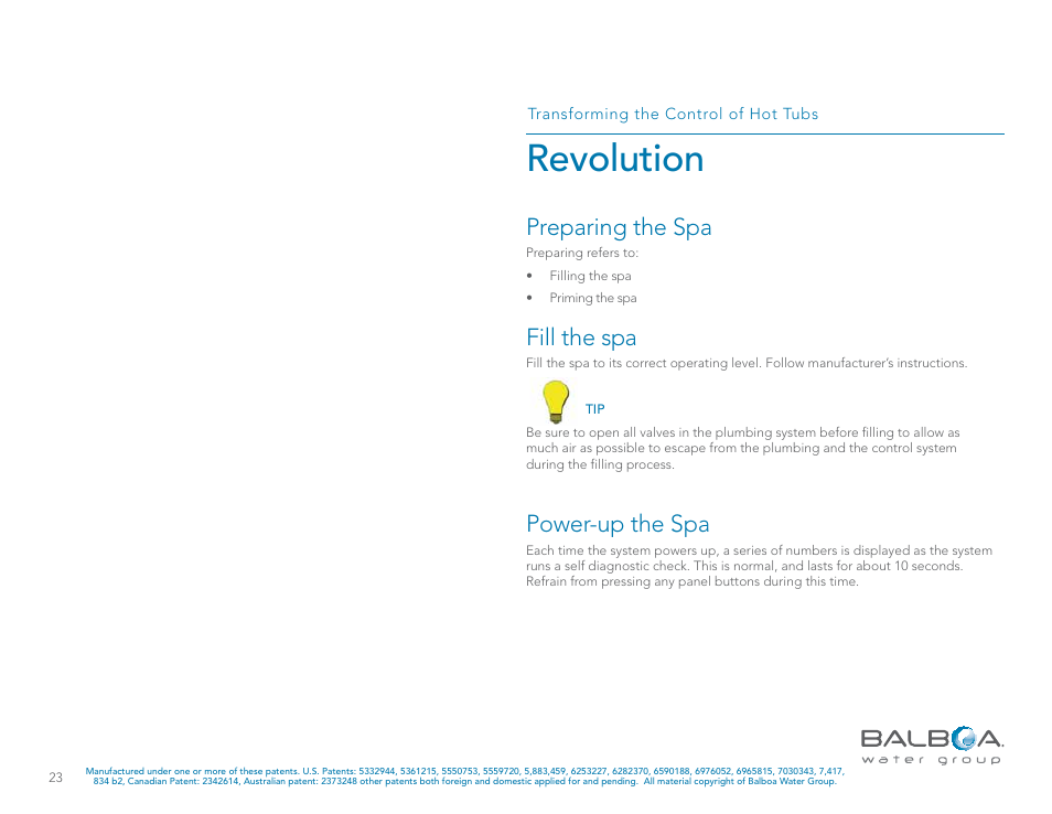 Revolution, Preparing the spa, Fill the spa | Power-up the spa | Balboa Water Group Revolution User Manual | Page 23 / 100