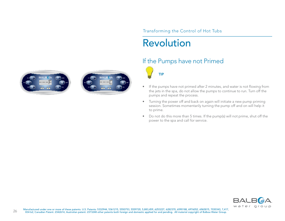 Revolution, If the pumps have not primed, Transforming the control of hot tubs | Balboa Water Group Revolution User Manual | Page 26 / 100