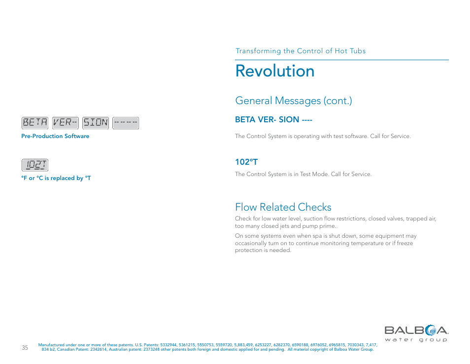 Revolution, Flow related checks, General messages (cont.) | Balboa Water Group Revolution User Manual | Page 35 / 100