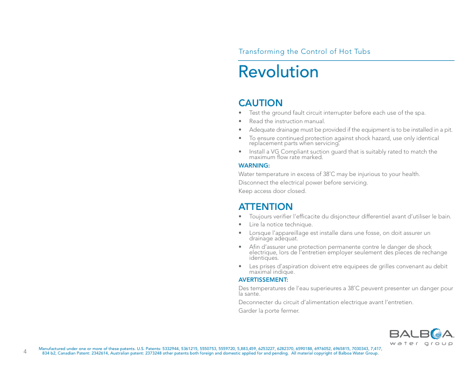 Revolution, Caution, Attention | Balboa Water Group Revolution User Manual | Page 4 / 100