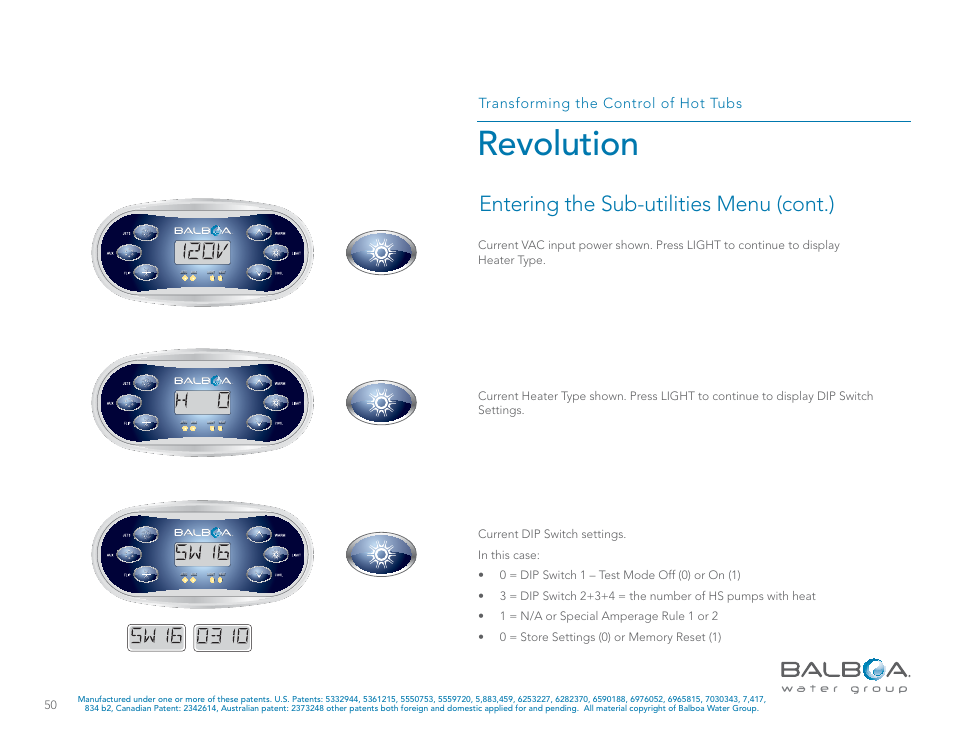 Revolution, Entering the sub-utilities menu (cont.), Transforming the control of hot tubs | Balboa Water Group Revolution User Manual | Page 50 / 100