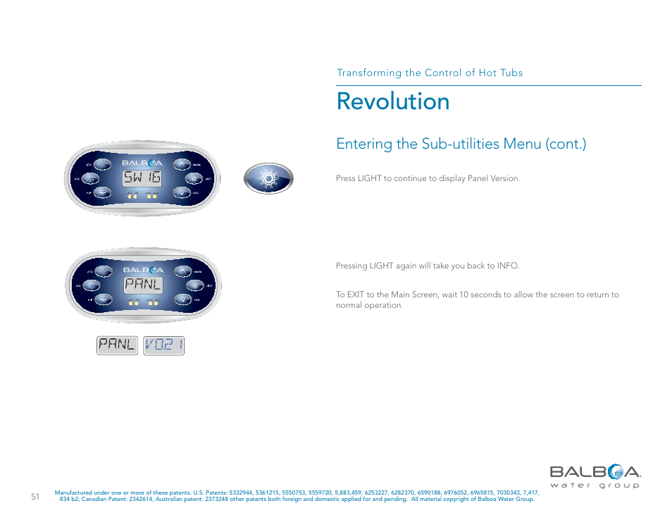 Revolution, Entering the sub-utilities menu (cont.), Transforming the control of hot tubs | Balboa Water Group Revolution User Manual | Page 51 / 100