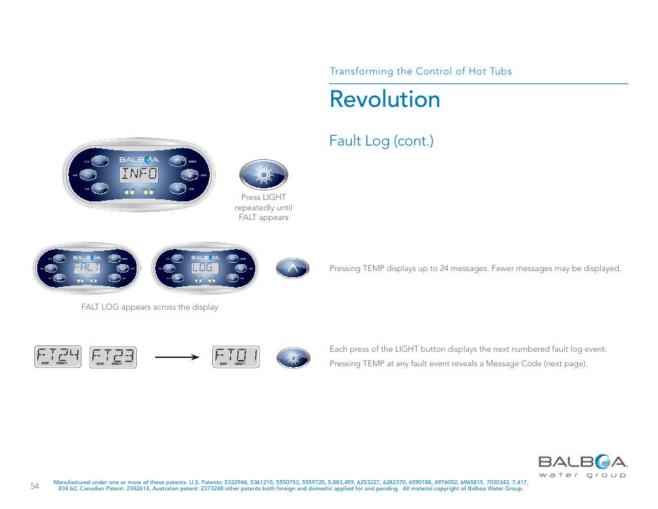 Revolution, Fault log (cont.), Transforming the control of hot tubs | Press light repeatedly until falt appears, Falt log appears across the display | Balboa Water Group Revolution User Manual | Page 54 / 100