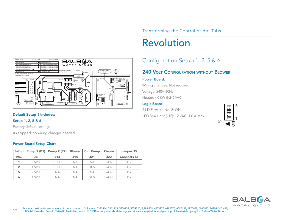 Revolution, Conﬁguration setup 1, 2, 5 & 6, 240 v | Transforming the control of hot tubs, 1s1 6, Power board setup chart, Onfiguration, Without, Lower | Balboa Water Group Revolution User Manual | Page 59 / 100