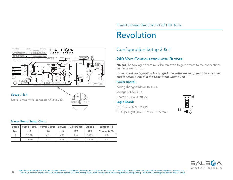 Revolution, Conﬁguration setup 3 & 4, 240 v | Transforming the control of hot tubs, 1s1 6, Power board setup chart, Onfiguration, With, Lower | Balboa Water Group Revolution User Manual | Page 60 / 100