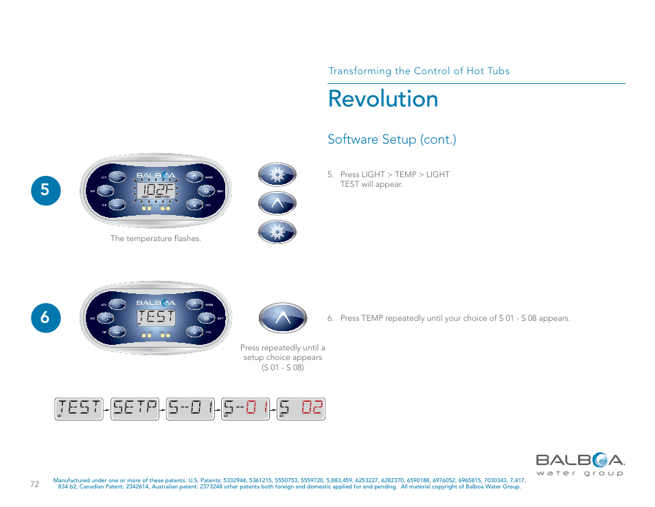 Revolution, Software setup (cont.), Transforming the control of hot tubs | Press light > temp > light test will appear, The temperature flashes | Balboa Water Group Revolution User Manual | Page 72 / 100