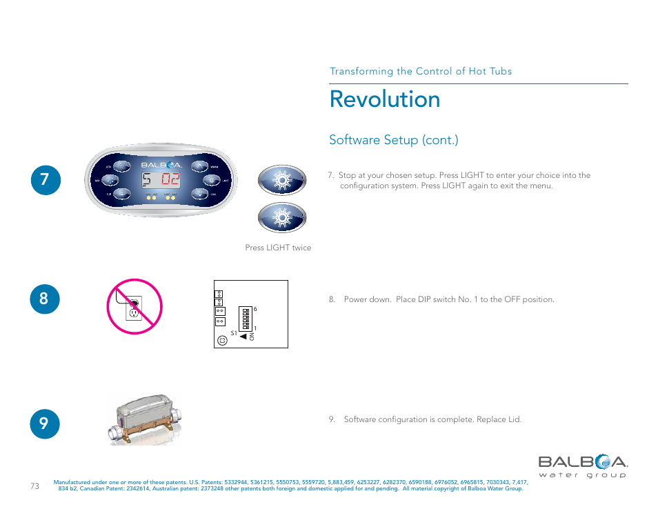 Revolution, Software setup (cont.), Transforming the control of hot tubs | Press light twice | Balboa Water Group Revolution User Manual | Page 73 / 100