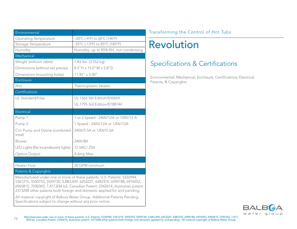 Revolution, Speciﬁcations & certiﬁcations | Balboa Water Group Revolution User Manual | Page 75 / 100