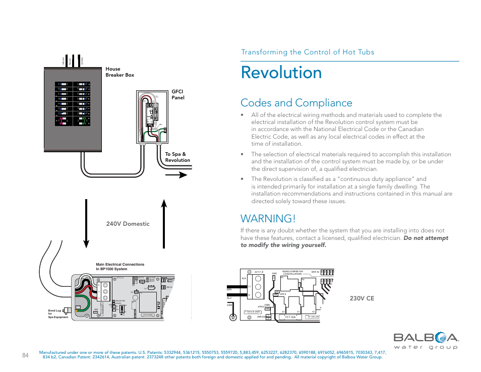 Revolution, Codes and compliance, Warning | Transforming the control of hot tubs, 230v ce, House breaker box gfci panel to spa & revolution | Balboa Water Group Revolution User Manual | Page 84 / 100