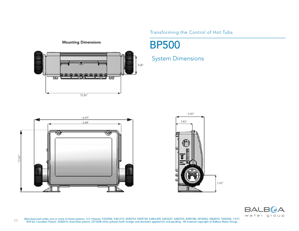 Bp500, System dimensions | Balboa Water Group BP500 System User Manual | Page 11 / 74