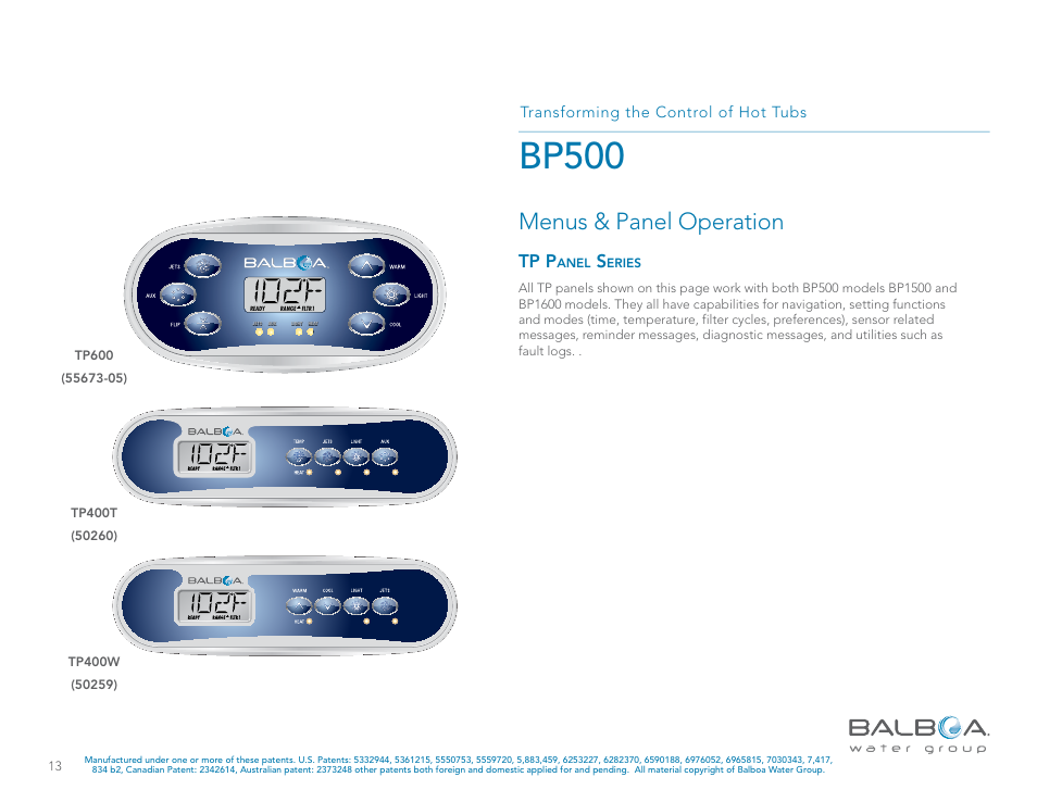 Bp500, Fovtpanel operation, Tp p | Transforming the control of hot tubs | Balboa Water Group BP500 System User Manual | Page 13 / 74