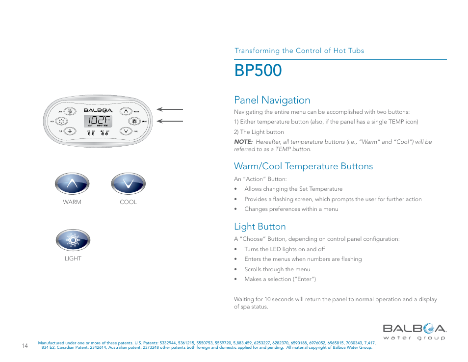 Bp500, Panel navigation, Warm/cool temperature buttons | Light button | Balboa Water Group BP500 System User Manual | Page 14 / 74