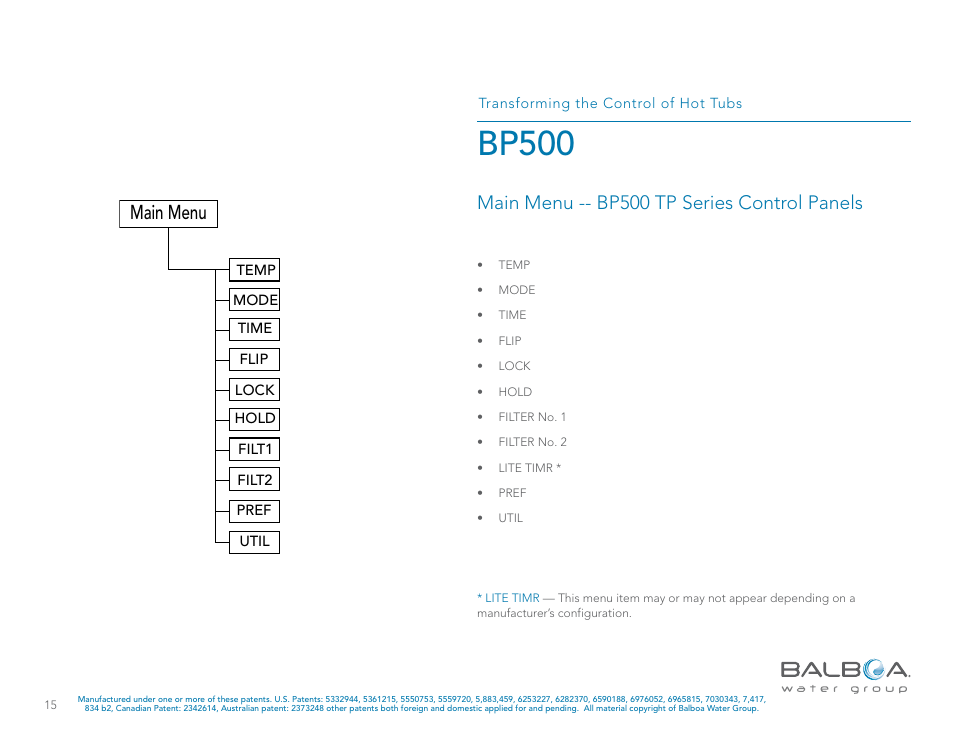 Bp500, Main menu, Main menu -- bp500 tp series control panels | Balboa Water Group BP500 System User Manual | Page 15 / 74