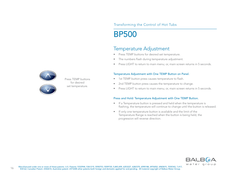 Bp500, Temperature adjustment | Balboa Water Group BP500 System User Manual | Page 16 / 74