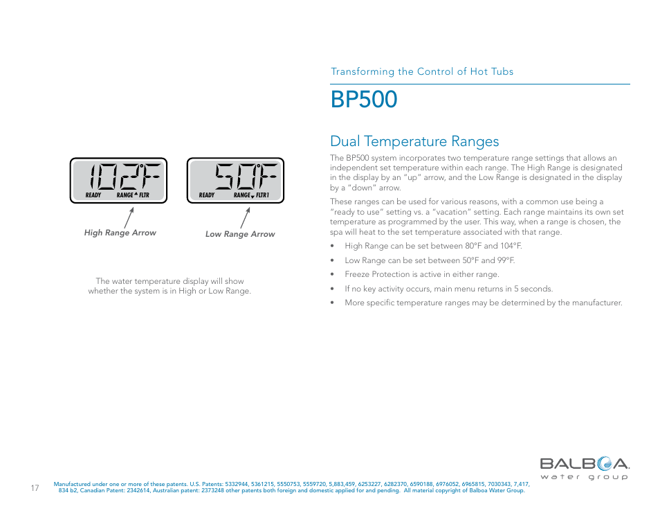 Bp500, Dual temperature ranges | Balboa Water Group BP500 System User Manual | Page 17 / 74