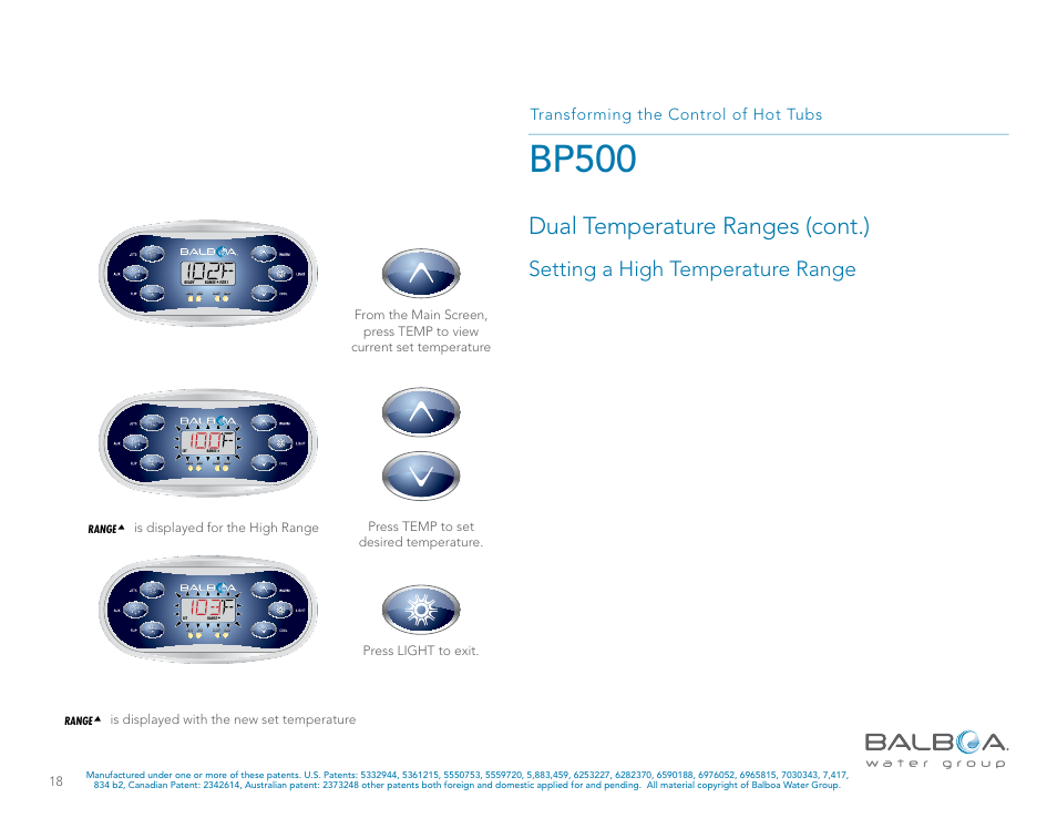Bp500, Dual temperature ranges (cont.), Setting a high temperature range | Transforming the control of hot tubs, Is displayed for the high range | Balboa Water Group BP500 System User Manual | Page 18 / 74
