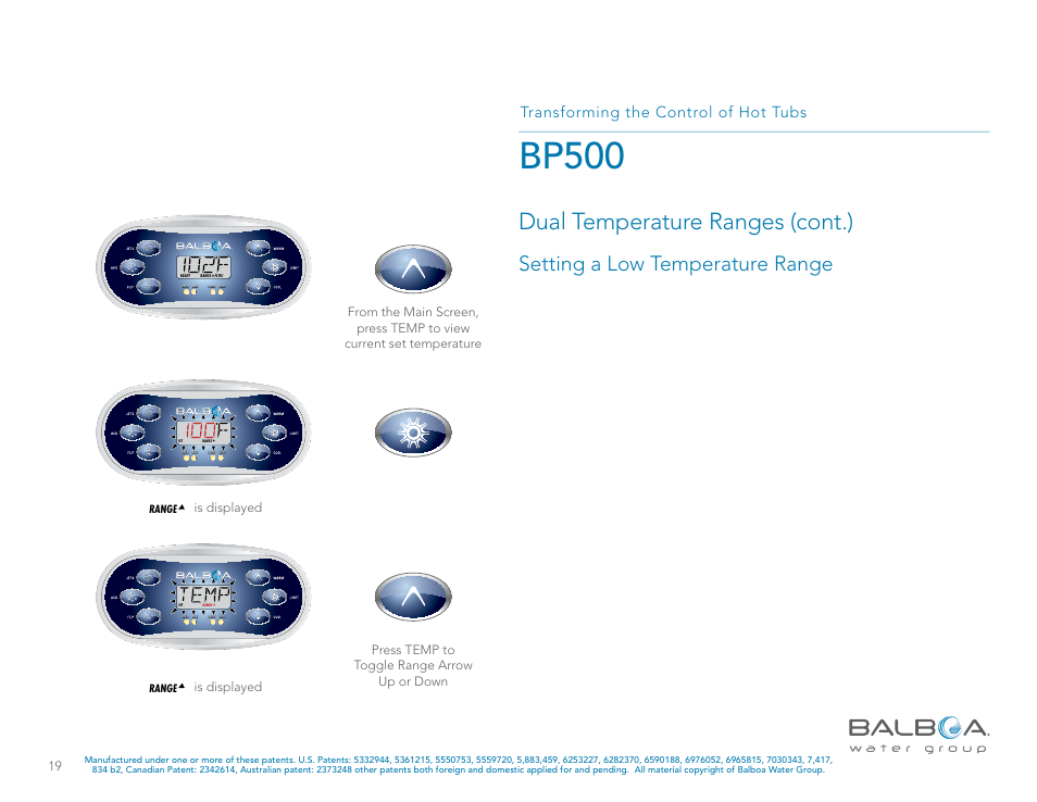 Bp500, Dual temperature ranges (cont.), Setting a low temperature range | Transforming the control of hot tubs, Is displayed | Balboa Water Group BP500 System User Manual | Page 19 / 74