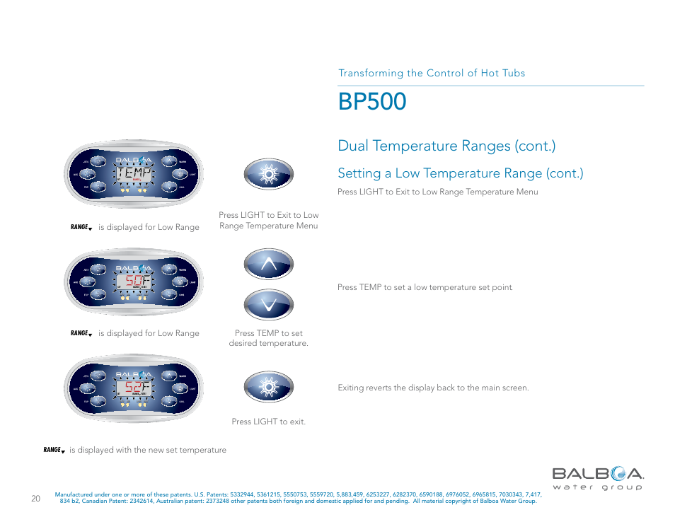 Bp500, Dual temperature ranges (cont.), Setting a low temperature range (cont.) | Transforming the control of hot tubs, Is displayed for low range | Balboa Water Group BP500 System User Manual | Page 20 / 74