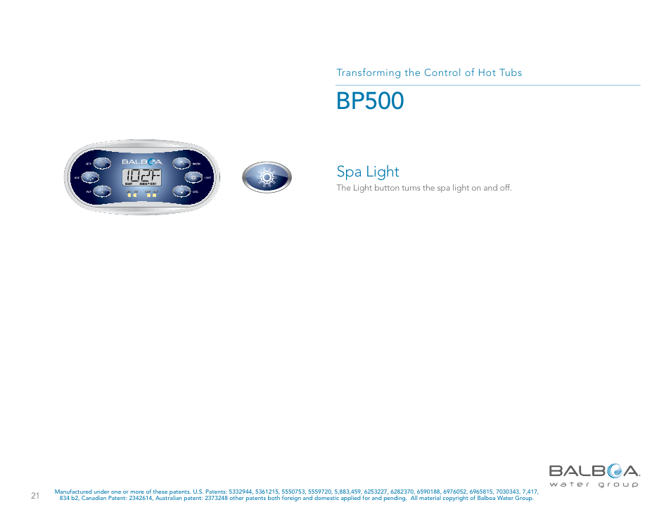 Bp500, Spa light, Transforming the control of hot tubs | The light button turns the spa light on and off | Balboa Water Group BP500 System User Manual | Page 21 / 74