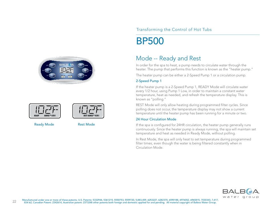 Bp500, Mode -- ready and rest, Transforming the control of hot tubs | Balboa Water Group BP500 System User Manual | Page 22 / 74